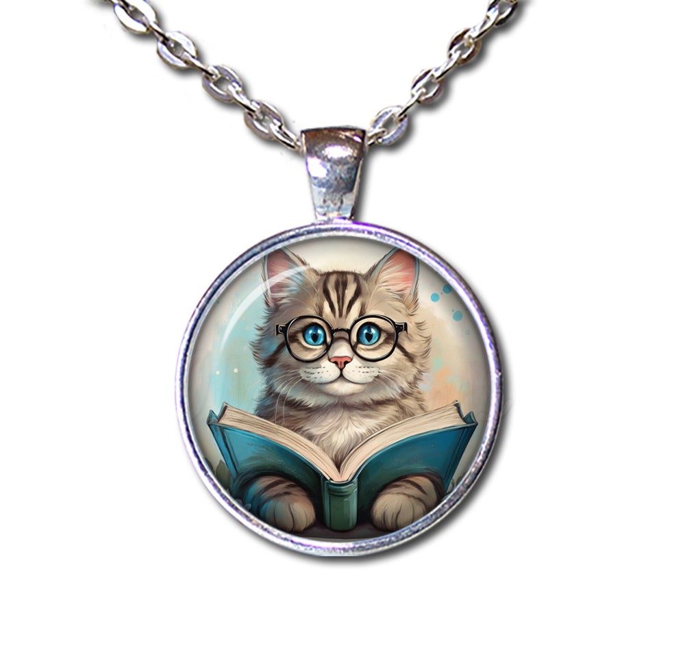 Tabby Cat with Book and Glasses