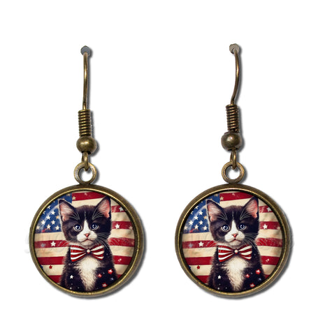 Patriotic Sweet Tuxedo Kitten American Flag