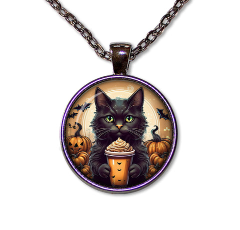 Cute Black Kittten with Pumpkin Latte