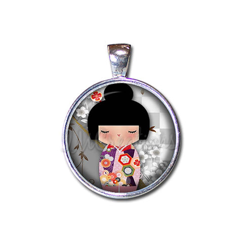 Kokeshi Doll Cherry Blossoms Gray Pink