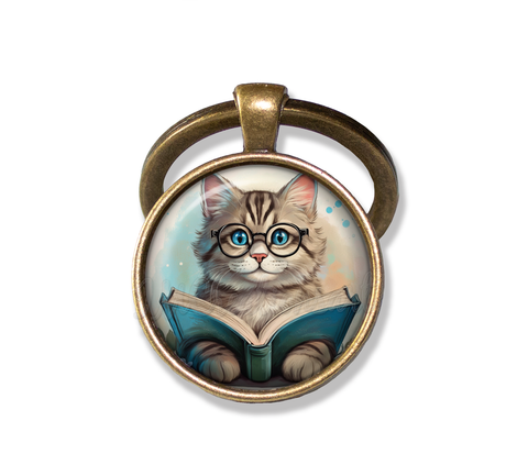 Tabby Cat with Book and Glasses