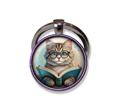 Tabby Cat with Book and Glasses