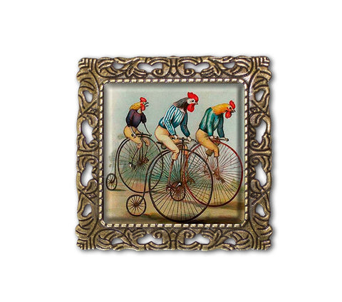 Vintage Art Style Cyclist Roosters